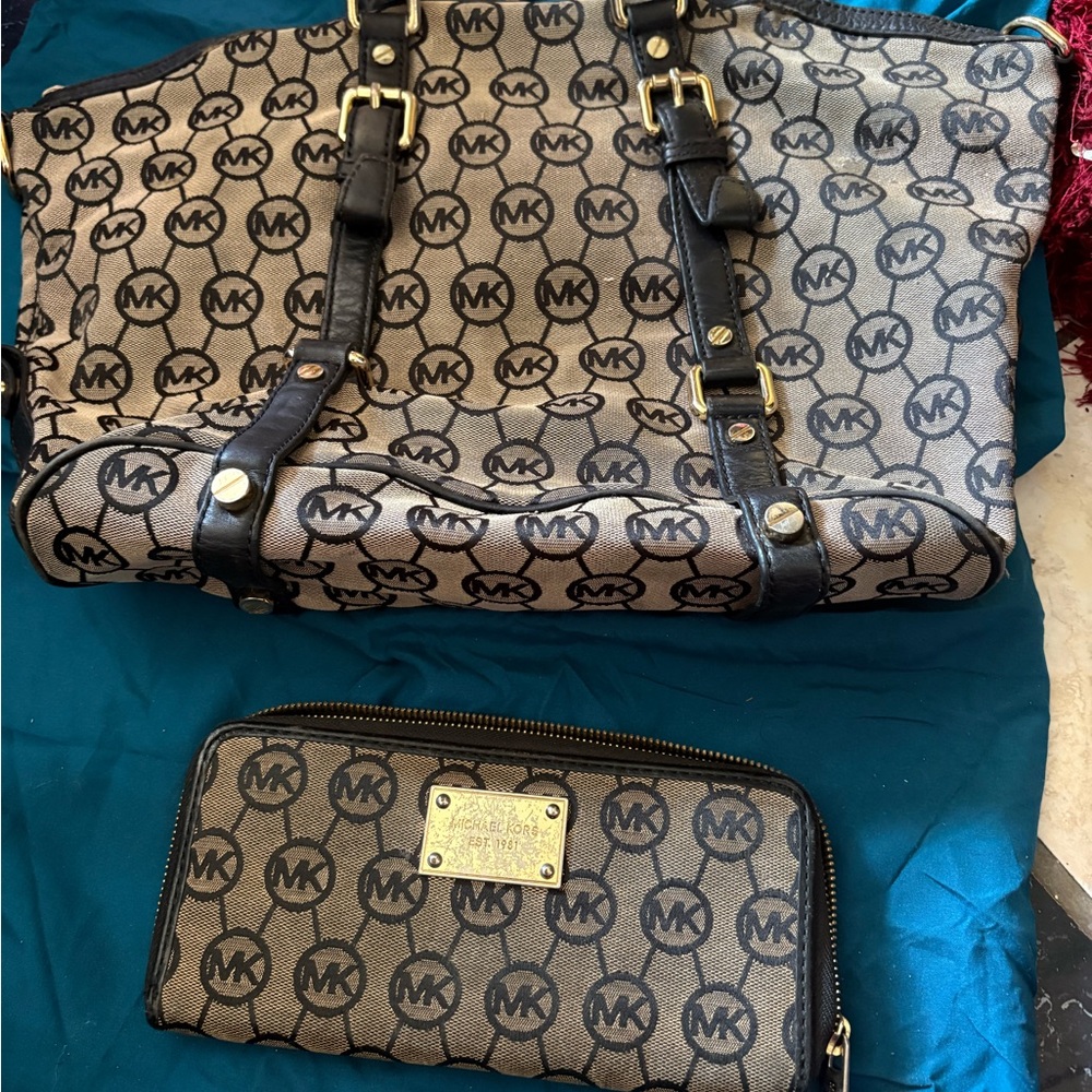 Michael Kors Brown and Black MK Logo Tote with Zip Wallet